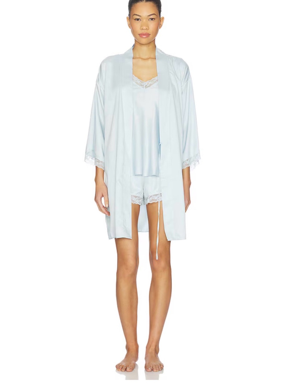 Flora Nikrooz Light Blue Satin Lace-Trim Robe, Cami & Shorts Set